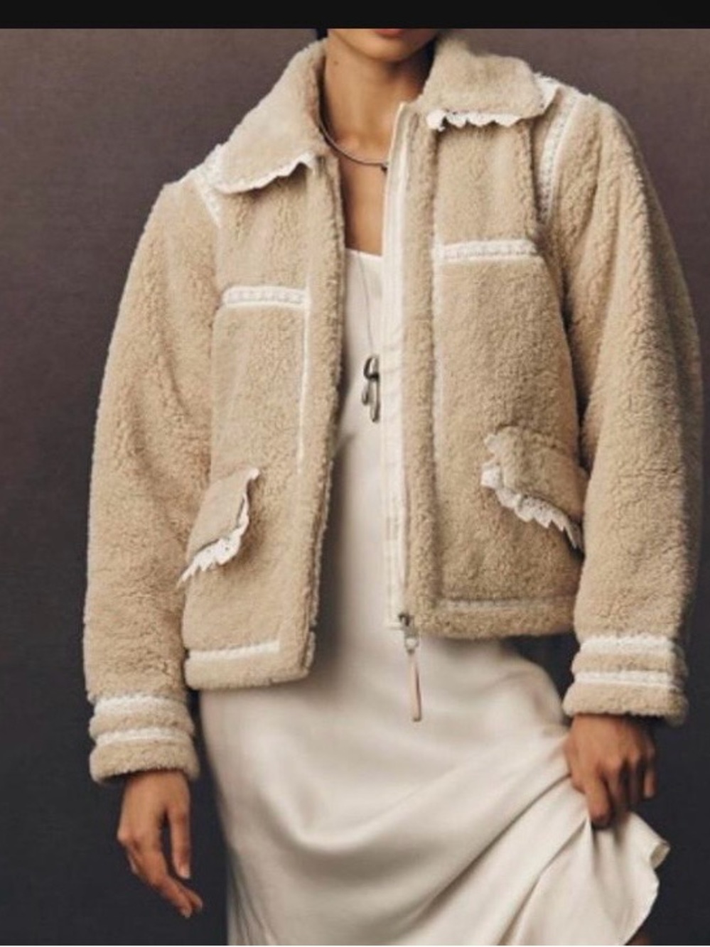 Aritzia Cream-Tan Teddy Sherpa Jacket with Lace Trim